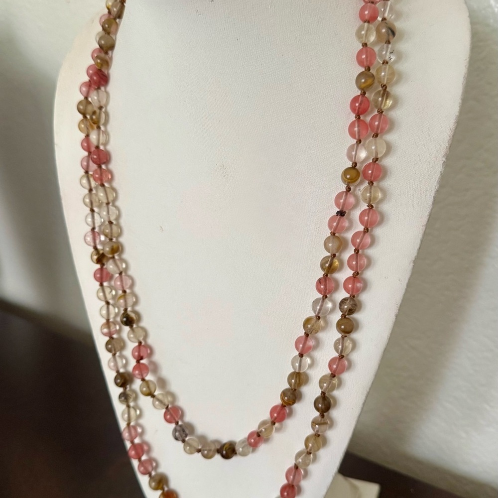 Long Beaded Necklace with Pink and Earth-Tone Gemstone Beads